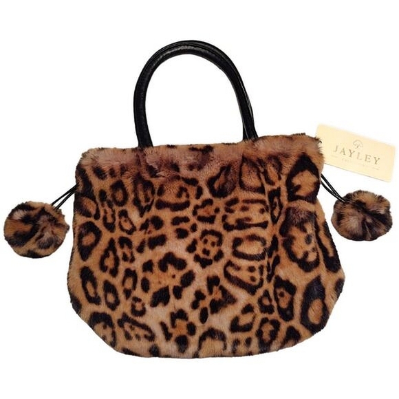Jayley Collection Leopard Print Faux Fur Drawstring Bag w/ Pom-pom Tassels, NWT - Picture 3 of 11